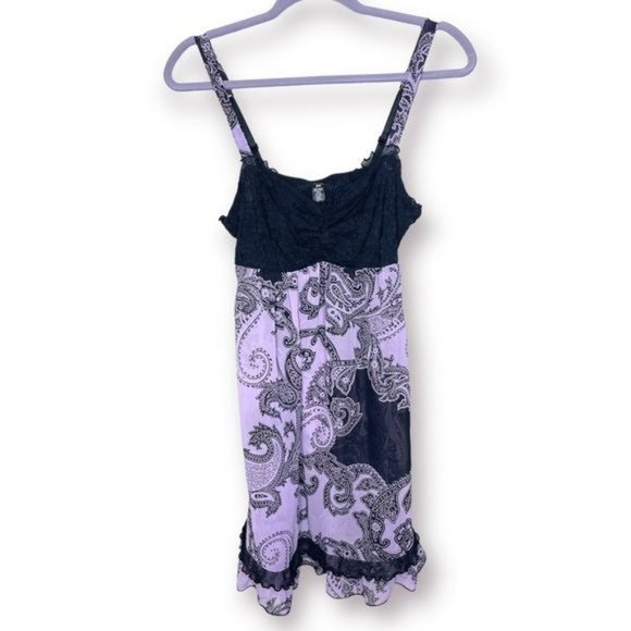 Ambrielle Size M Black Lace Purple Sheer Paisley Print Flowy Chemise Nightie - Picture 1 of 8